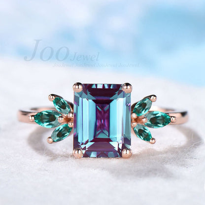 2CT Emerald Cut Alexandrite Cluster Engagement Ring Rose Gold June Birthstone Wedding Ring Vintage Moonstone Jewelry Unique Birthday Gifts