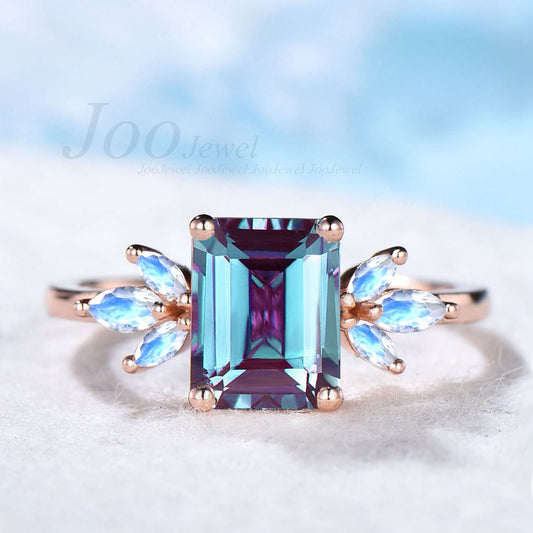 2CT Emerald Cut Alexandrite Cluster Engagement Ring Rose Gold June Birthstone Wedding Ring Vintage Moonstone Jewelry Unique Birthday Gifts