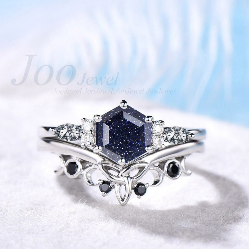 1ct Hexagon Blue Sandstone Engagement Ring Set Sterling Silver Opal Wedding Ring Vintage Black Diamond Wedding Band Unique Anniversary Gift