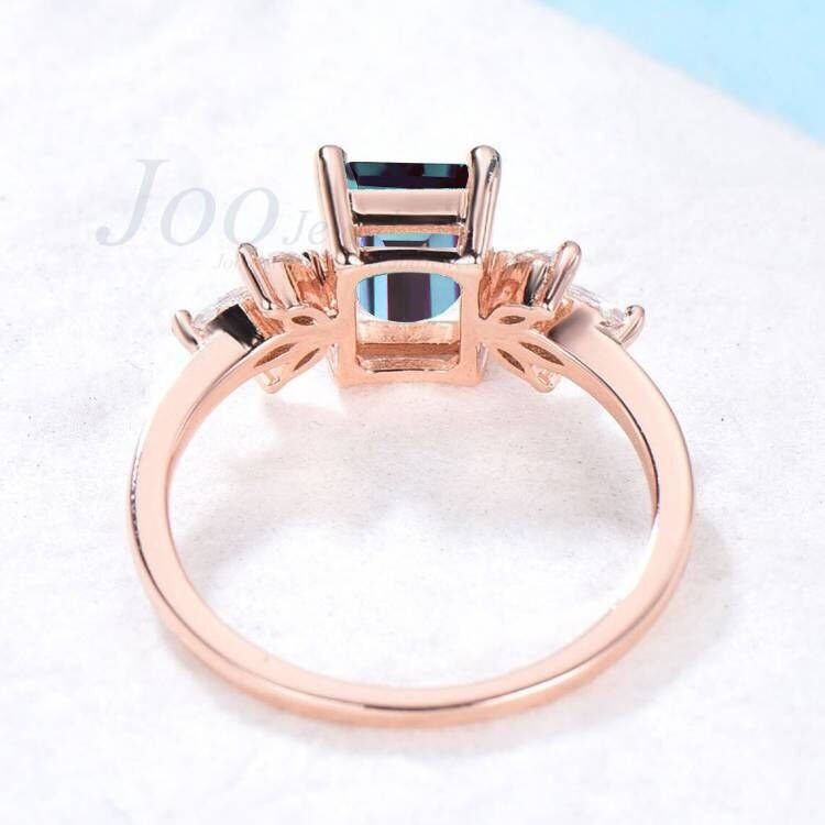 2CT Emerald Cut Alexandrite Cluster Engagement Ring Rose Gold June Birthstone Wedding Ring Vintage Moonstone Jewelry Unique Birthday Gifts