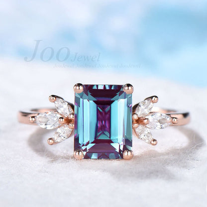 2CT Emerald Cut Alexandrite Cluster Engagement Ring Rose Gold June Birthstone Wedding Ring Vintage Moonstone Jewelry Unique Birthday Gifts