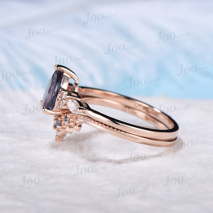 Unique Alexandrite wedding ring set vintage Alexandrite engagement ring set five stone rose gold Milgrain ring color change stoner ring gift
