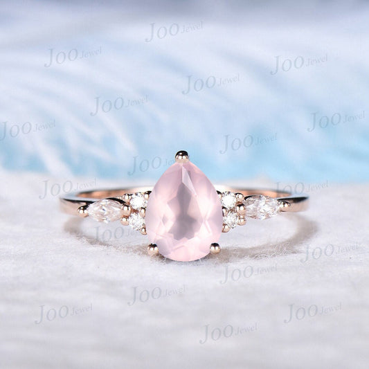 Natural Rose Quartz Ring Pear Pink Gemstone Promise Ring 1.25ct Real Crystal Healing Ring Sterling Silver Engagement Anniversary Ring Women