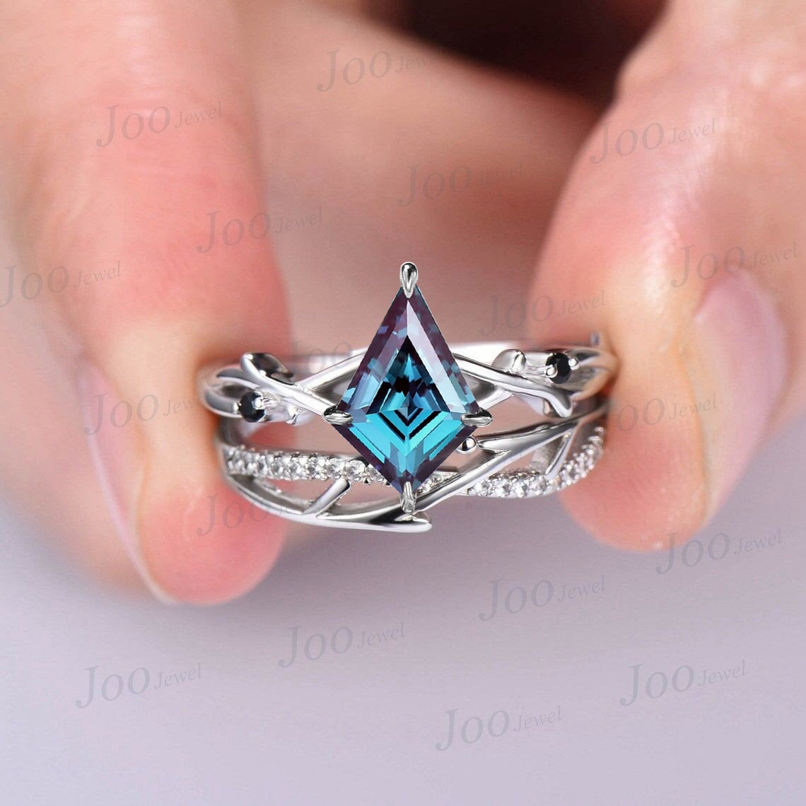 Kite Cut Color Changing Alexandrite Ring Sterling Silver Twig Alexandrite Engagement Ring Set Nature Inspired Jewelry Unique Promise Gift