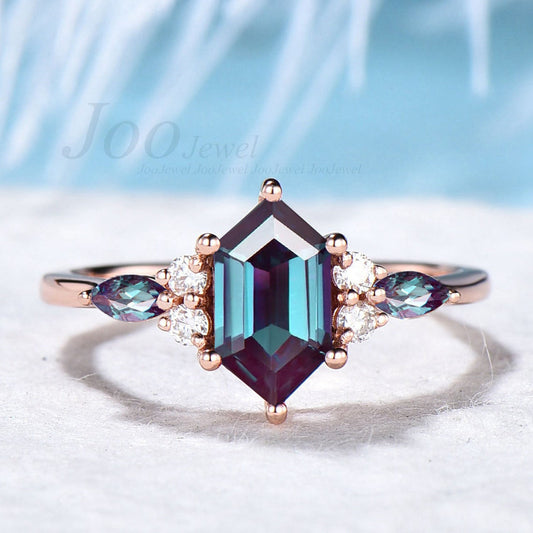 Hexagon Cut Alexandrite Engagement Rings Rose Gold Color-Change Alexandrite Wedding Ring Unique June Birthstone Birthday/Anniversary Gift