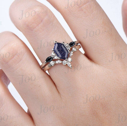 Sterling Silver Hexagon Cut Starry Sky Blue Sandstone Engagement Ring Vintage Cluster Moissanite Black Gemstone Ring Personalized Ring Gifts