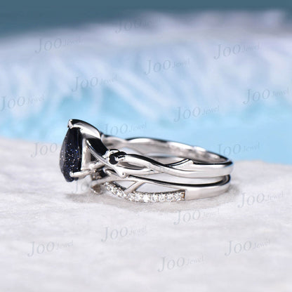 1.25ct Pear Shaped Blue Sandstone Ring White Gold Twig Engagement Ring Set Galaxy Starry Sky Ring Unique Blue Gemstone Jewelry Proposal Gift