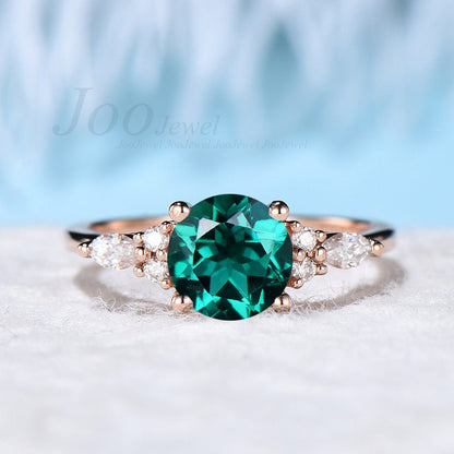 Round Cut Emerald Engagement Ring for Women May Birthstone Ring Vintage Anniversary Ring 925 Sterling Silver Simple Emerald Green Stone Ring