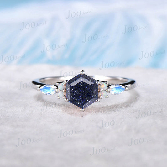 1ct Hexagon Cut Galaxy Starry Sky Blue Goldstone Engagement Ring 10K/14K/18K White Gold Moonstone Opal Ring Unique Anniversary/Wedding Gift