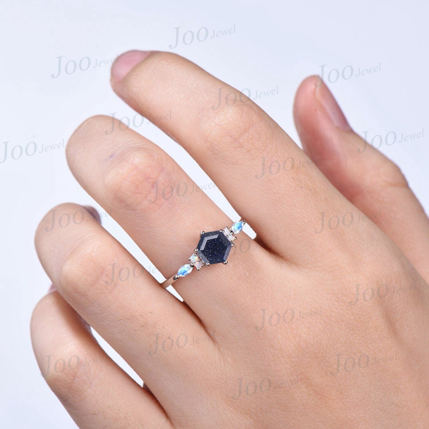 1ct Hexagon Cut Galaxy Starry Sky Blue Goldstone Engagement Ring 10K/14K/18K White Gold Moonstone Opal Ring Unique Anniversary/Wedding Gift