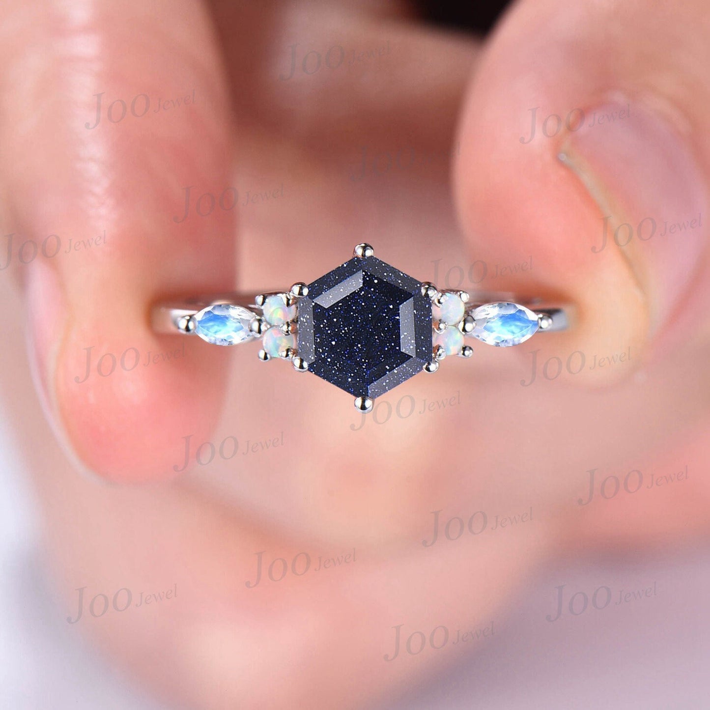1ct Hexagon Cut Galaxy Starry Sky Blue Goldstone Engagement Ring 10K/14K/18K White Gold Moonstone Opal Ring Unique Anniversary/Wedding Gift