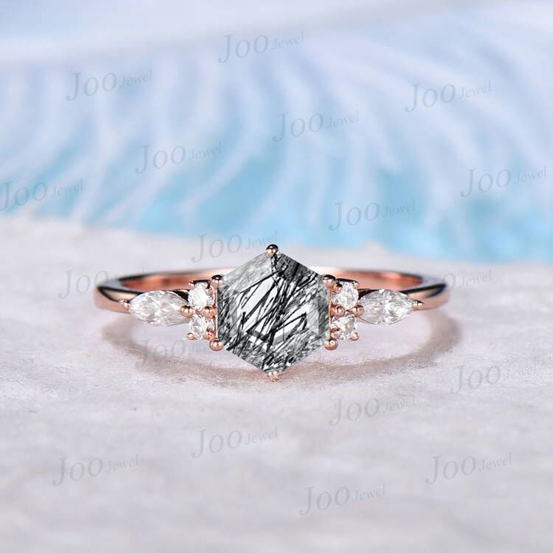 Hexagon Cut Natural Black Rutilated Quartz Ring Black Crystal Hexagon Shaped Black Stone Engagement Ring Black Rutile Wedding Promise Ring