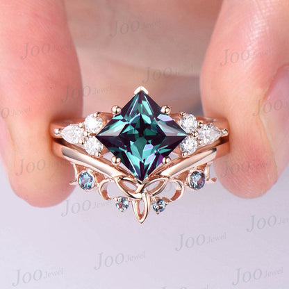 Princess Cut Alexandrite Engagement Rings Vintage Trinity Knot Celtic Wedding Band 10K/14K/18K Rose Gold Alexandrite Moissanite Bridal Set