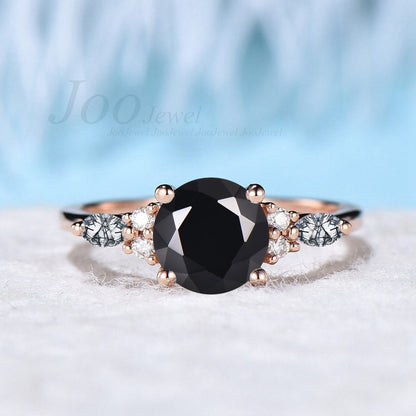 Natural Black Onyx Engagement Rings Women Unique Healing Crystal Ring Sterling Silver Marquise Black Rutilated Quartz Ring Black Stone Ring