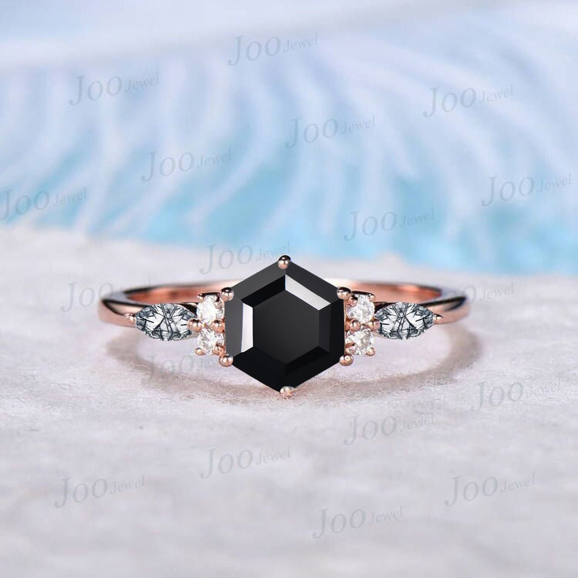 Natural Black Onyx Engagement Rings Women Unique Healing Crystal Ring Sterling Silver Marquise Black Rutilated Quartz Ring Black Stone Ring
