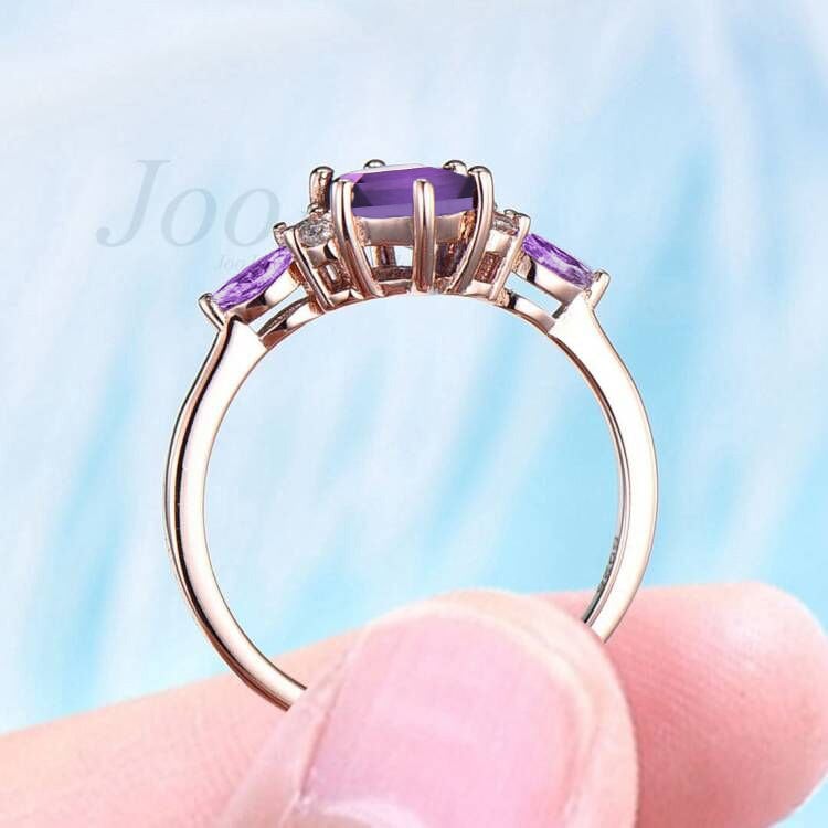 Hexagon Cut Natural Purple Amethyst Ring Unique Amethyst Engagement Ring Sterling Silver Crystal Bridal Wedding Ring Anniversary Gifts Women