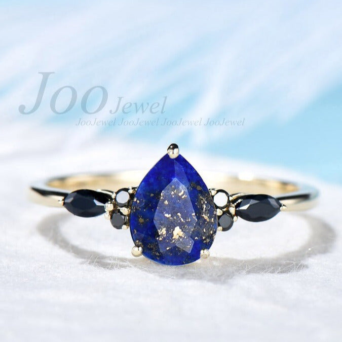 1.25ct Pear Shaped Natural Lapis Lazuli Engagement Ring Sterling Silver Vintage Lapis Gold Wedding Ring Blue Gemstone Antique Gift for Women