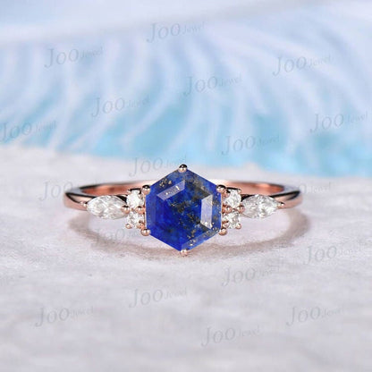 1ct Hexagon Cut Natural Blue Lapis Lazuli Engagement Ring Sterling Silver Lapis Gold Wedding Ring Blue Gemstone Lapis Jewelry Birthday Gifts