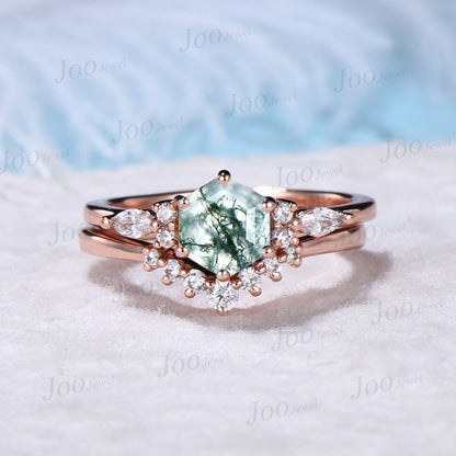 Hexagon Moss Agate Ring Set For Women Vintage 7 Stone Green Promise Ring Art Deco Ring  Rose Gold Silver Moissanites Curve Wedding Band Set
