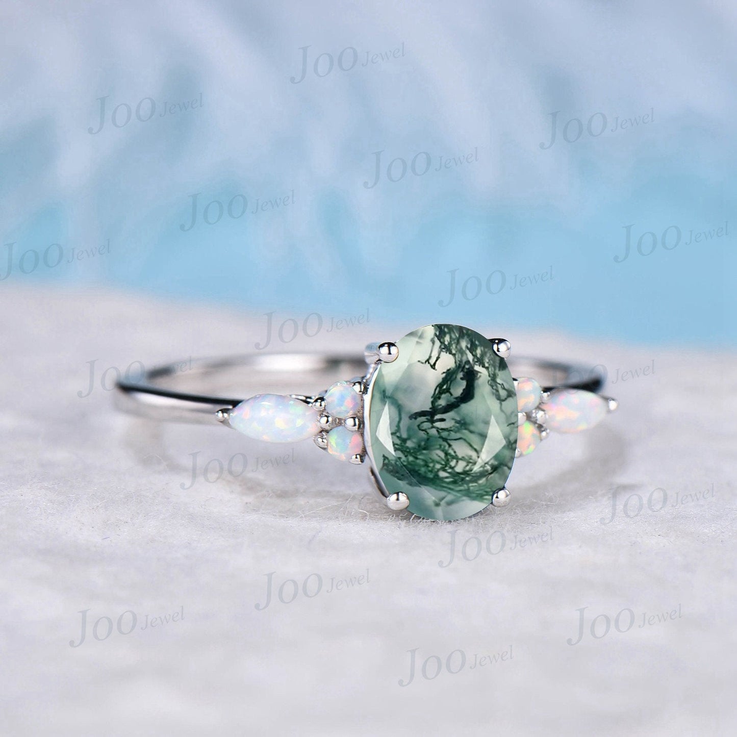 1.5ct Oval Cut Natural Green Moss Agate Engagement Rings Sterling Silver Aquatic Agate Ring for Women White Opal Wedding Ring Promise Gift