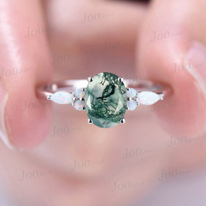 1.5ct Oval Cut Natural Green Moss Agate Engagement Rings Sterling Silver Aquatic Agate Ring for Women White Opal Wedding Ring Promise Gift