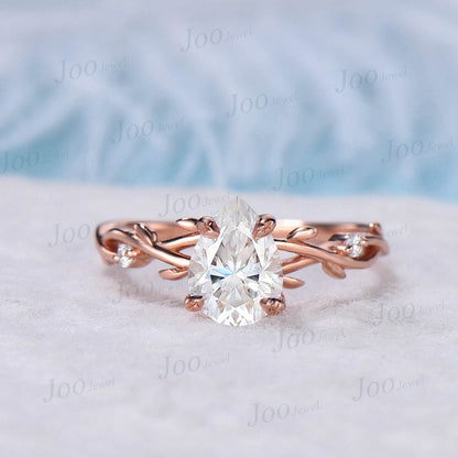 Nature Inspired Moissanite Engagement Ring Set 1.25ct Pear Shaped Diamond Twig Wedding Bridal Set Anniversary Gift for Her Leaf Branch Ring