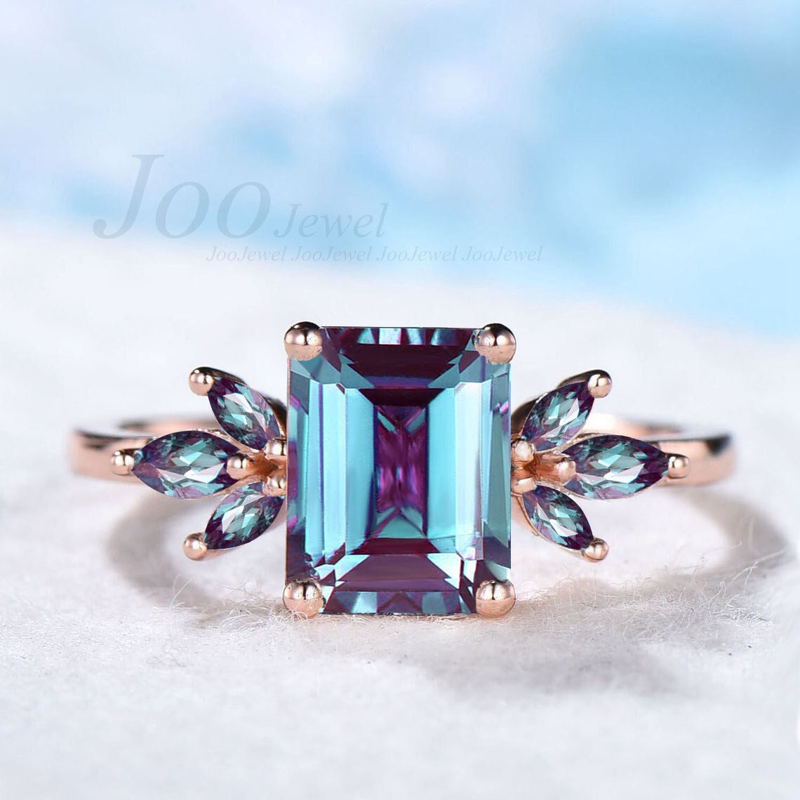 2CT Emerald Cut Alexandrite Cluster Engagement Ring Rose Gold June Birthstone Wedding Ring Vintage Moonstone Jewelry Unique Birthday Gifts