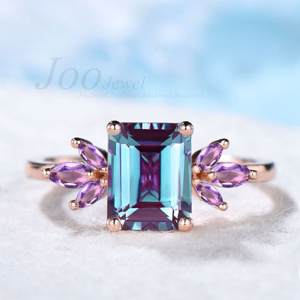 2CT Emerald Cut Alexandrite Cluster Engagement Ring Rose Gold June Birthstone Wedding Ring Vintage Moonstone Jewelry Unique Birthday Gifts