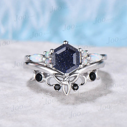 1ct Hexagon Blue Sandstone Engagement Ring Set Sterling Silver Opal Wedding Ring Vintage Black Diamond Wedding Band Unique Anniversary Gift