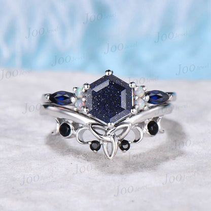 1ct Hexagon Blue Sandstone Engagement Ring Set Sterling Silver Opal Wedding Ring Vintage Black Diamond Wedding Band Unique Anniversary Gift