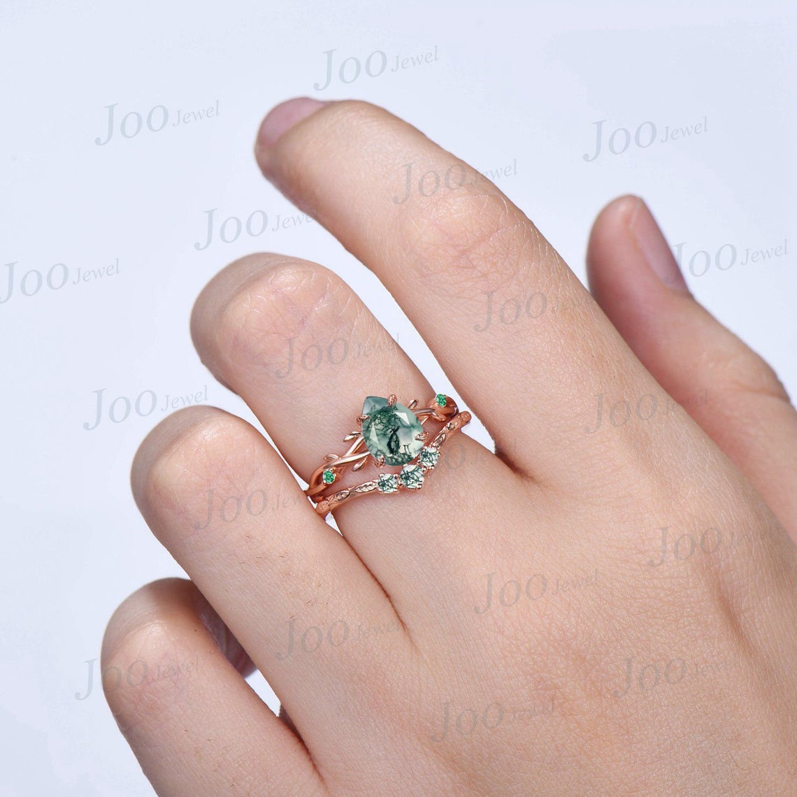 1.25ct Nature Inspired Pear Moss Agate Ring Twig Engagement Ring Set Green Gemstone Jewelry Emerald Branch Vine Wedding Ring Moss Bridal Set
