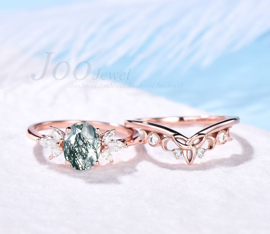 Vintage moss agate ring set oval cut moss agate engagement ring set art deco rose gold silver Celtic Knot ring band moissanite wedding set