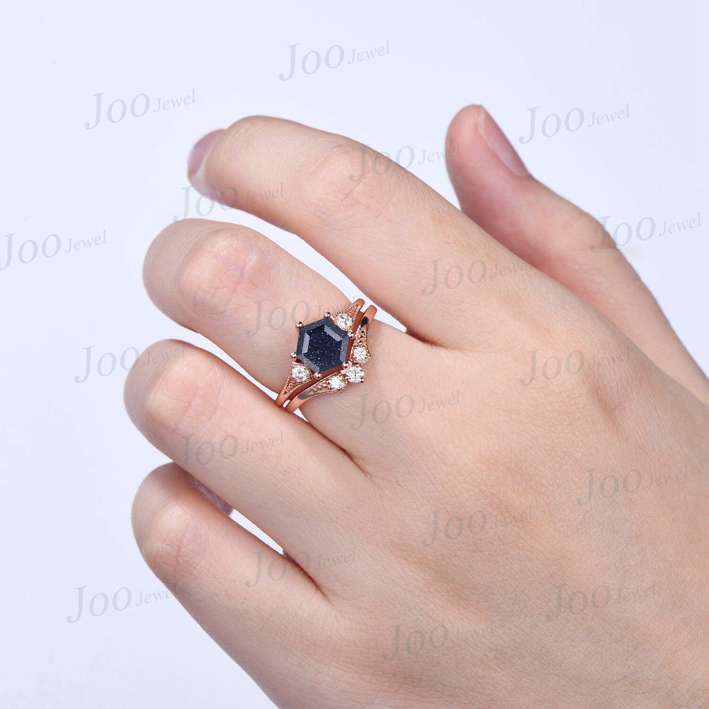 Hexagon Galaxy Blue Goldstone Ring 14k Rose Gold Blue Sandstone Milgrain Engagement Rings Three Stone Ring Unique Anniversary/Promise Gift