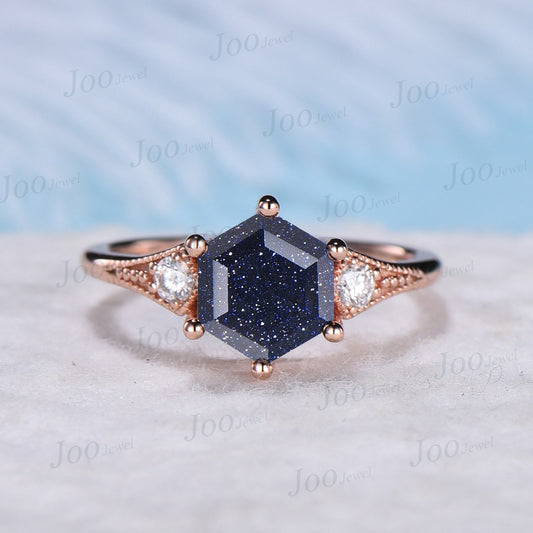 Hexagon Galaxy Blue Goldstone Ring 14k Rose Gold Blue Sandstone Milgrain Engagement Rings Three Stone Ring Unique Anniversary/Promise Gift