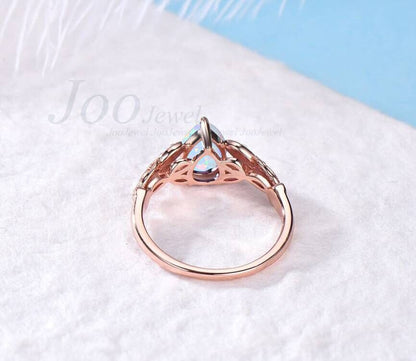 Nature Inspired 1.25ct Pear Shaped White Opal Engagement Ring 14K Rose Gold Milgrain Vintage Flower Leaf Branch Opal Wedding Ring For Women