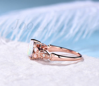 Nature Inspired 1.25ct Pear Shaped White Opal Engagement Ring 14K Rose Gold Milgrain Vintage Flower Leaf Branch Opal Wedding Ring For Women