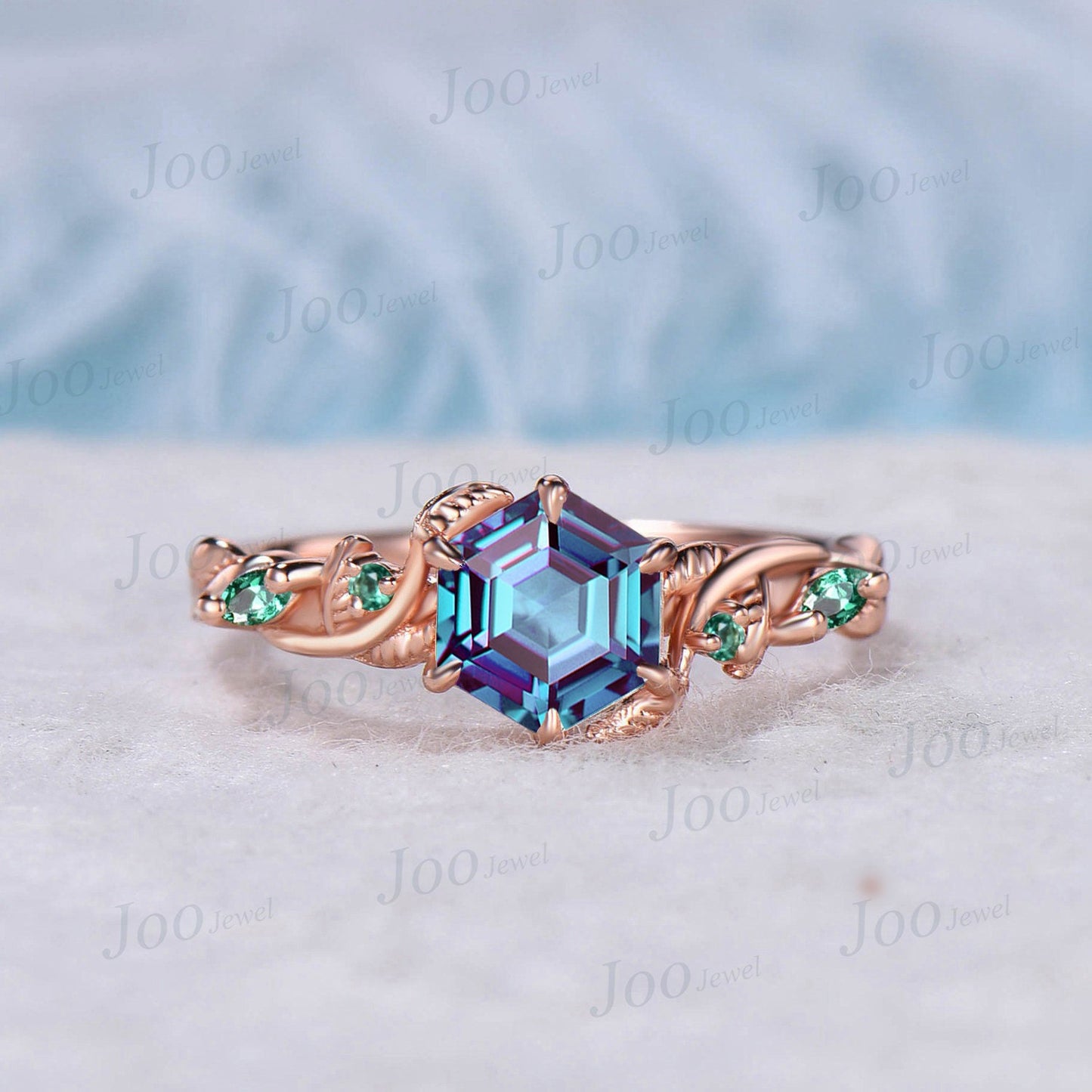 Natural Inspired Leaf Alexandrite Ring Set 10K Rose Gold Twist Vine Engagement Ring Unique Emerald Opal Wedding Ring Set Women Branch Ring