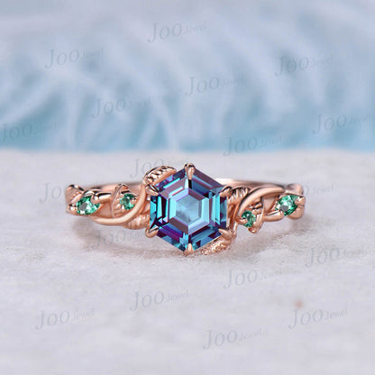 Natural Inspired Leaf Alexandrite Ring Set 10K Rose Gold Twist Vine Engagement Ring Unique Emerald Opal Wedding Ring Set Women Branch Ring