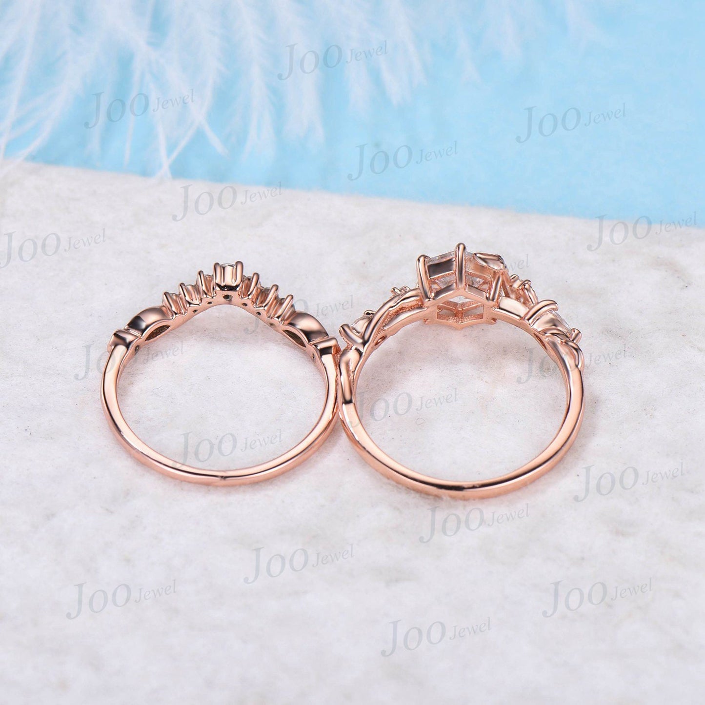 Natural Inspired Leaf Alexandrite Ring Set 10K Rose Gold Twist Vine Engagement Ring Unique Emerald Opal Wedding Ring Set Women Branch Ring