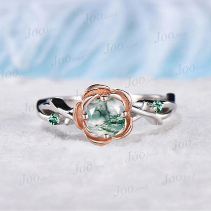 Nature Inspired Moss Agate Twig Ring Rose Flower Moss Agate Engagement Rings 14K Rose Gold Green Emerald Floral Ring Unique Wedding Gifts