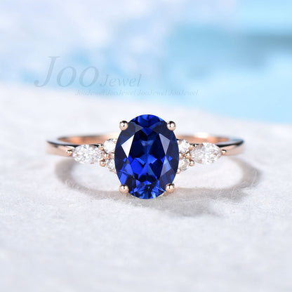 Oval Cut 1.5ct Blue Sapphire Ring Vintage Sterling Silver Blue Engagement Ring Unique Anniversary Ring September Birthstone Birthday Gift