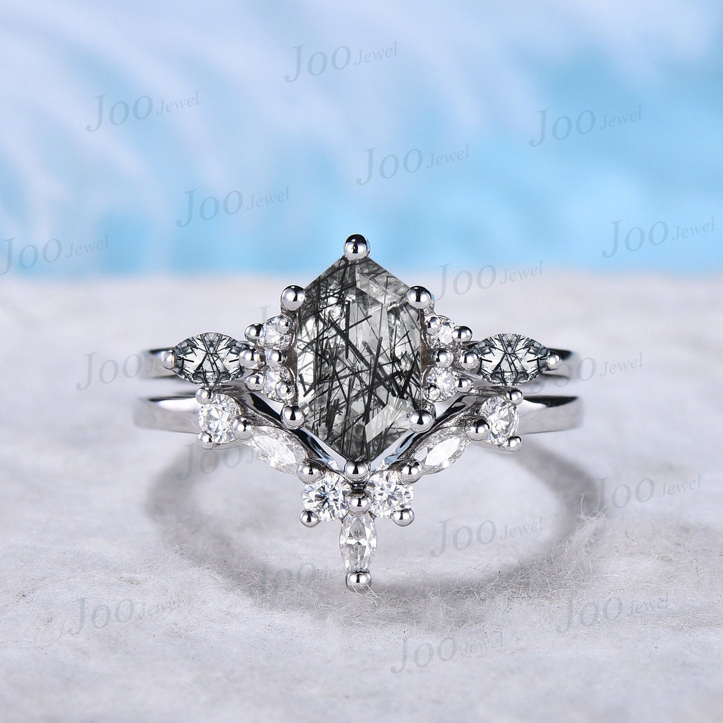Hexagon Cut Black Rutilated Quartz Engagement Ring Set Vintage Sterling Silver Black Rutile Crystal Ring Unique Wedding/Birthday Gift Women