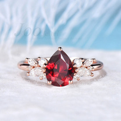 1.25ct Pear Shaped Ruby Engagement Ring 10K Rose Gold Pink Tourmaline Cluster Wedding Ring Vintage Nature Inspired Moissanite Promise Rings