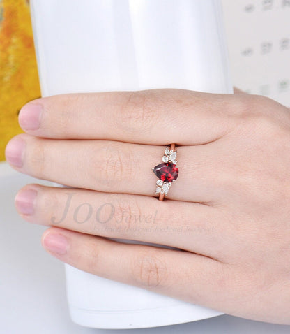 1.25ct Pear Shaped Ruby Engagement Ring 10K Rose Gold Pink Tourmaline Cluster Wedding Ring Vintage Nature Inspired Moissanite Promise Rings