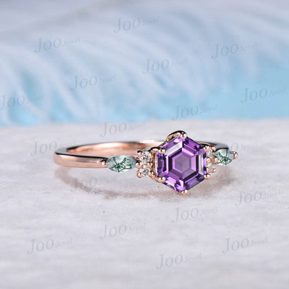 Unique Natural Amethyst Promise Ring Rose Gold Hexagon Amethyst Engagement Ring Moss Agate Wedding Ring Bridal Anniversary Ring Gift Women