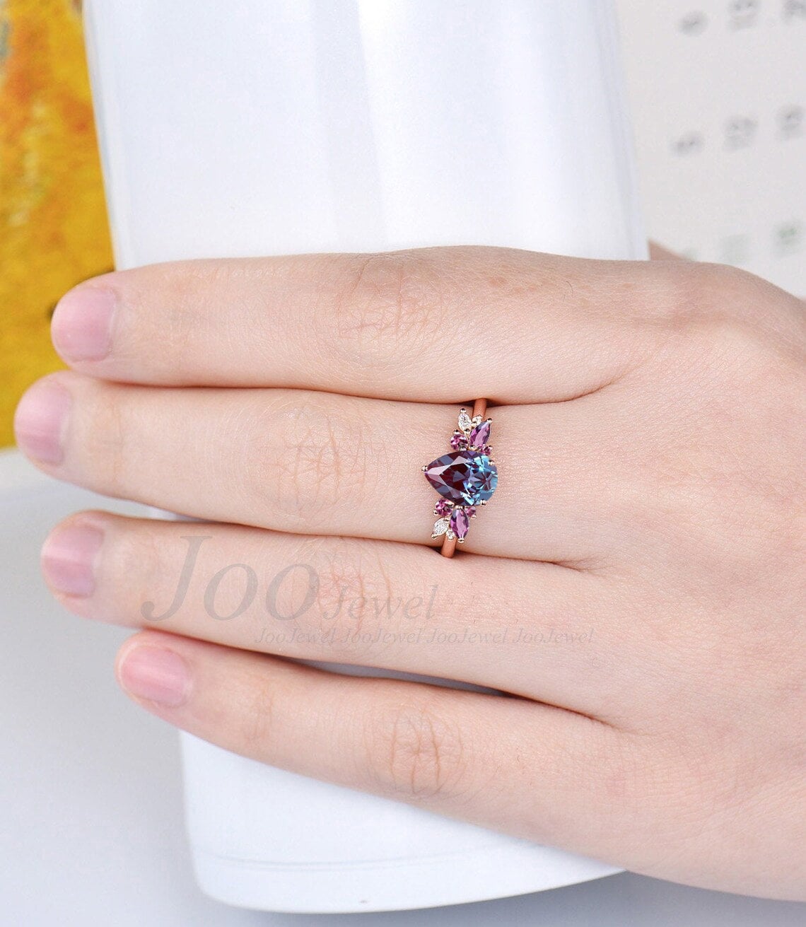 Cluster Engagement Ring 1.25ct Pear Shaped Color-Change Alexandrite Ring Vintage Pink Tourmaline Ring Personalized Birthday Anniversary Gift
