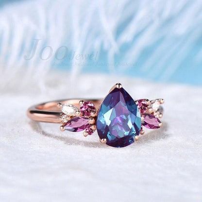 Cluster Engagement Ring 1.25ct Pear Shaped Color-Change Alexandrite Ring Vintage Pink Tourmaline Ring Personalized Birthday Anniversary Gift