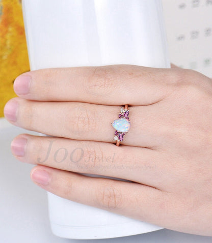 White Opal Ring 10K/14K/18K Rose Gold Opal Cluster Engagement Ring Real Pink Tourmaline Wedding Ring October Birthstone Jewelry Gift Women