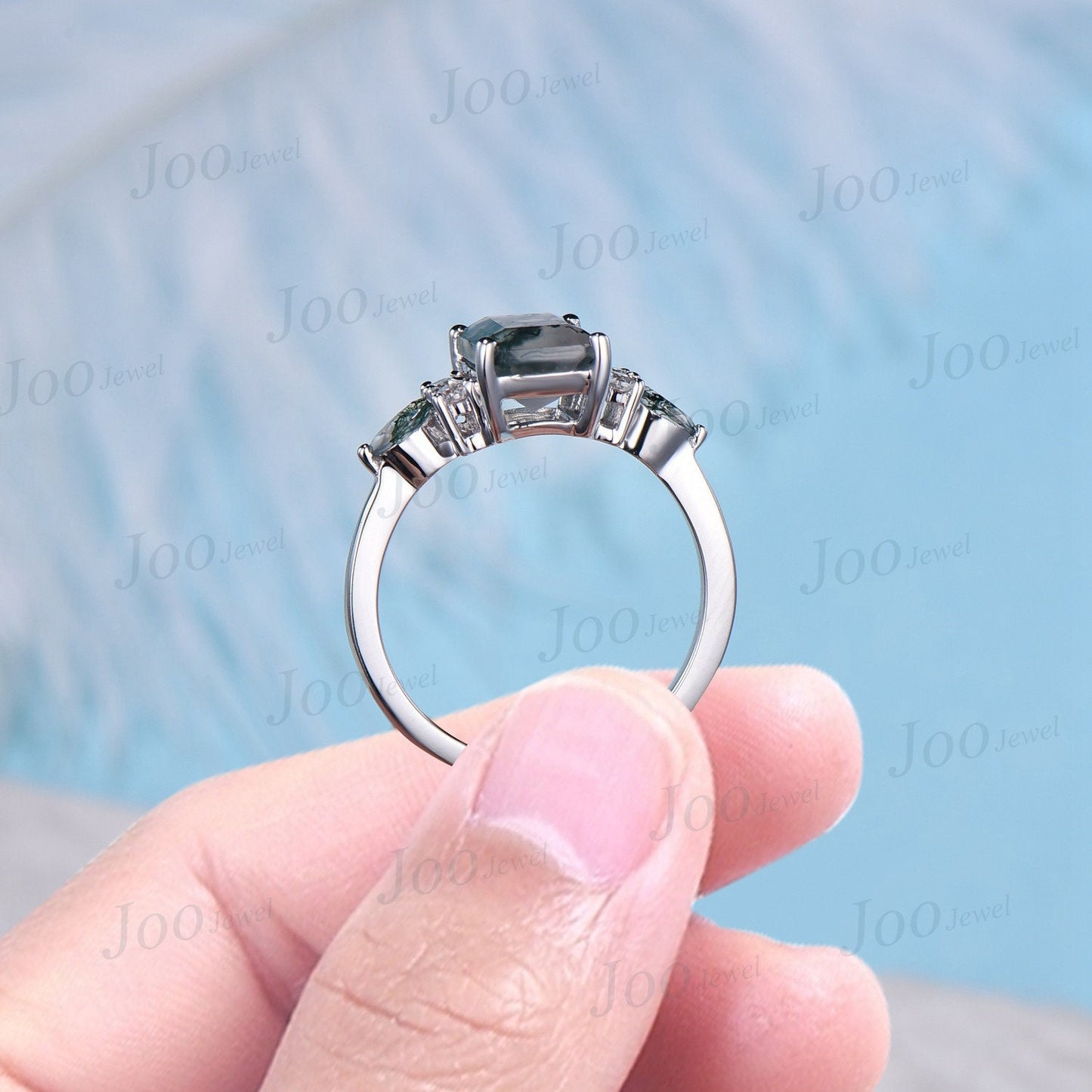 2ct Emerald Cut Natural Moss Agate Engagement Rings Platinum Ring Cluster Aquatic Agate Promise Ring Marquise Moss Moissanite Wedding Ring