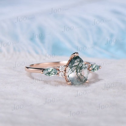 Unique 1.25ct Natural Moss Agate Ring Rose Gold Pear Cut Moss Agate Engagement Ring Green Agate Promise Ring Moissanite Wedding Ring Women